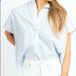Karlie Light Blue Striped Floral Short Sleeve Blouse